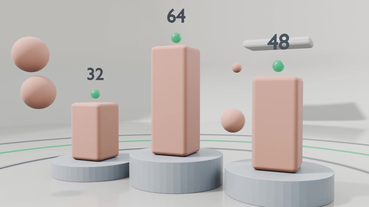 Podio scorrevole che si posiziona in uno studio 3D, colonne color pesca che si alzano con indicatori, etichette 32, 64, 48 per i dati