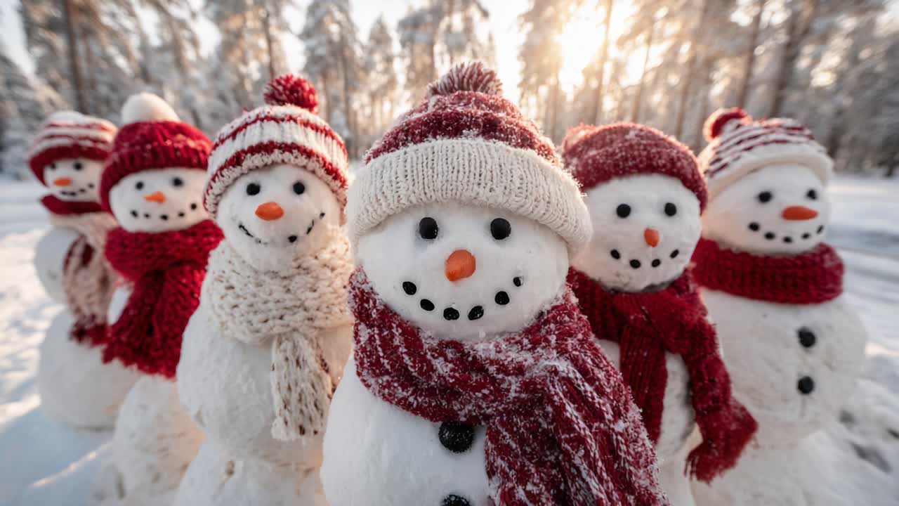 A Delightful Gathering of Snowmen in a Winter Wonderland, Complete with Colorful Hats and Scarves, Illuminated by Warm Sunlight Shining Through the Trees