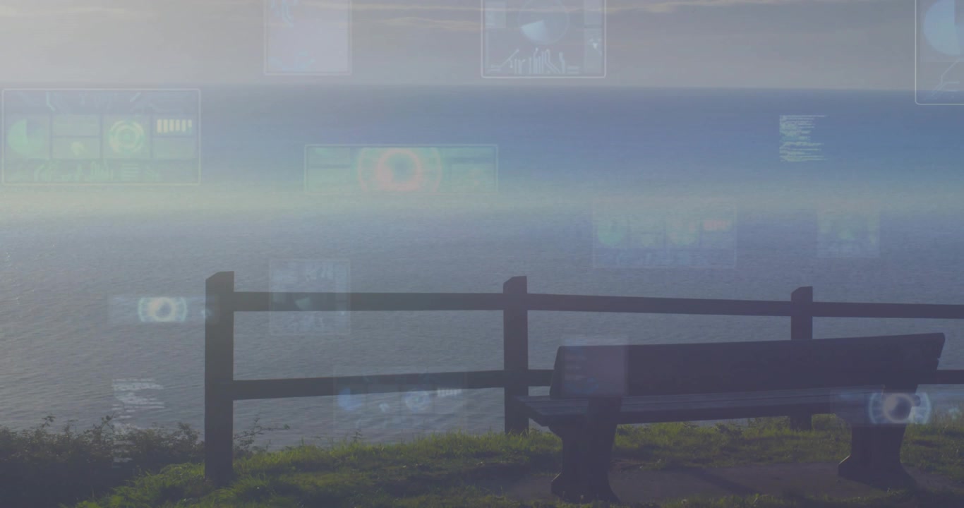 icons drifting in starting digital interface elements overlaying wooden bench and fence for AR scan