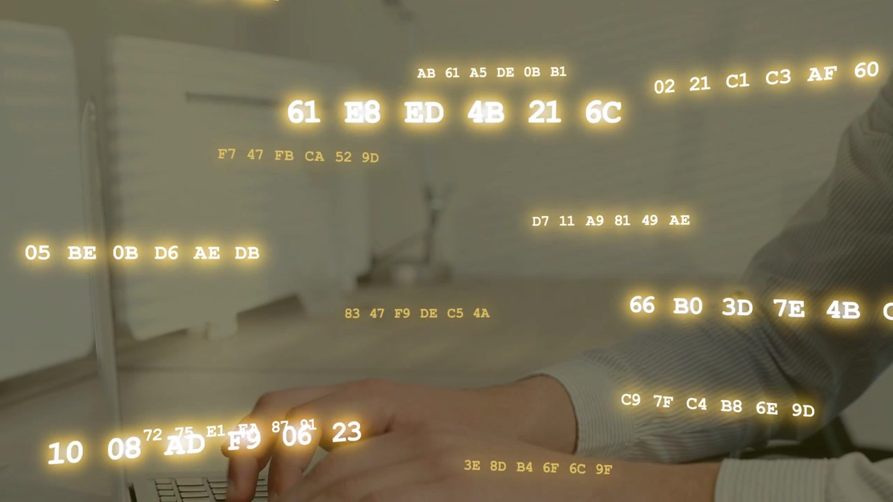 Man coding on laptop, positioning fingers, starting keystrokes as glowing hex strings overlay hands