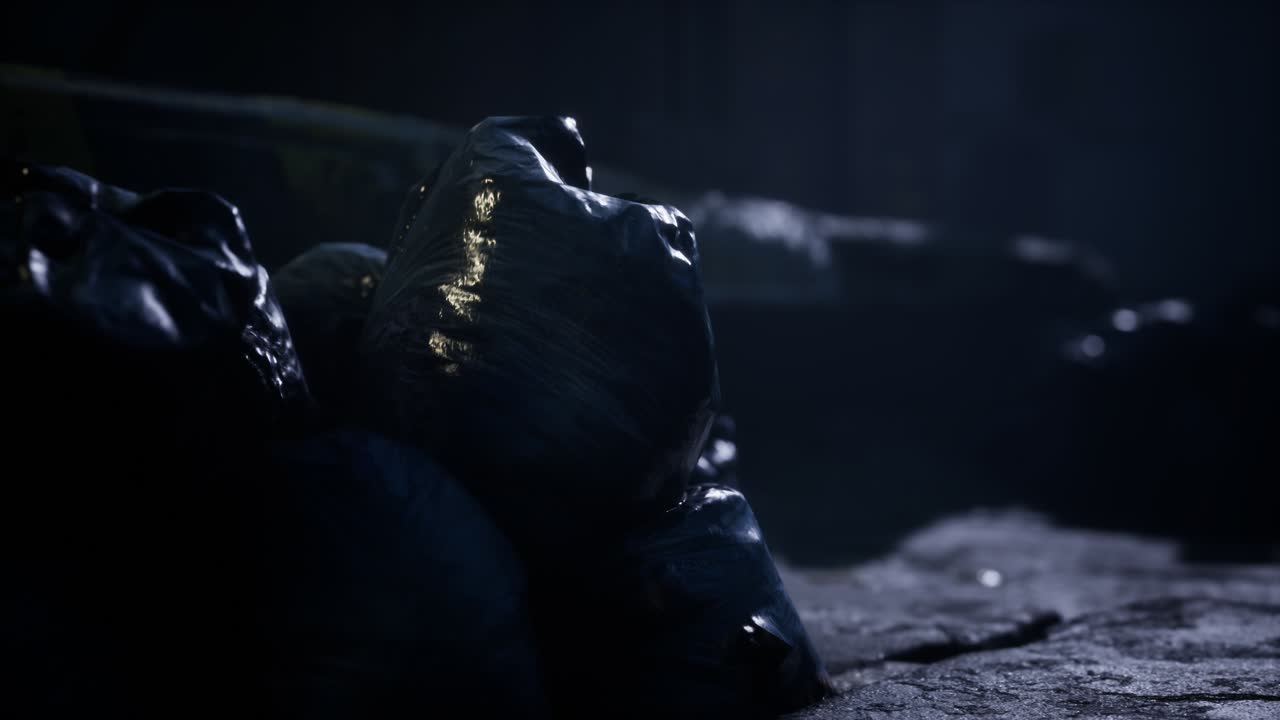 bolsas de basura en la calle de la ciudad una noche