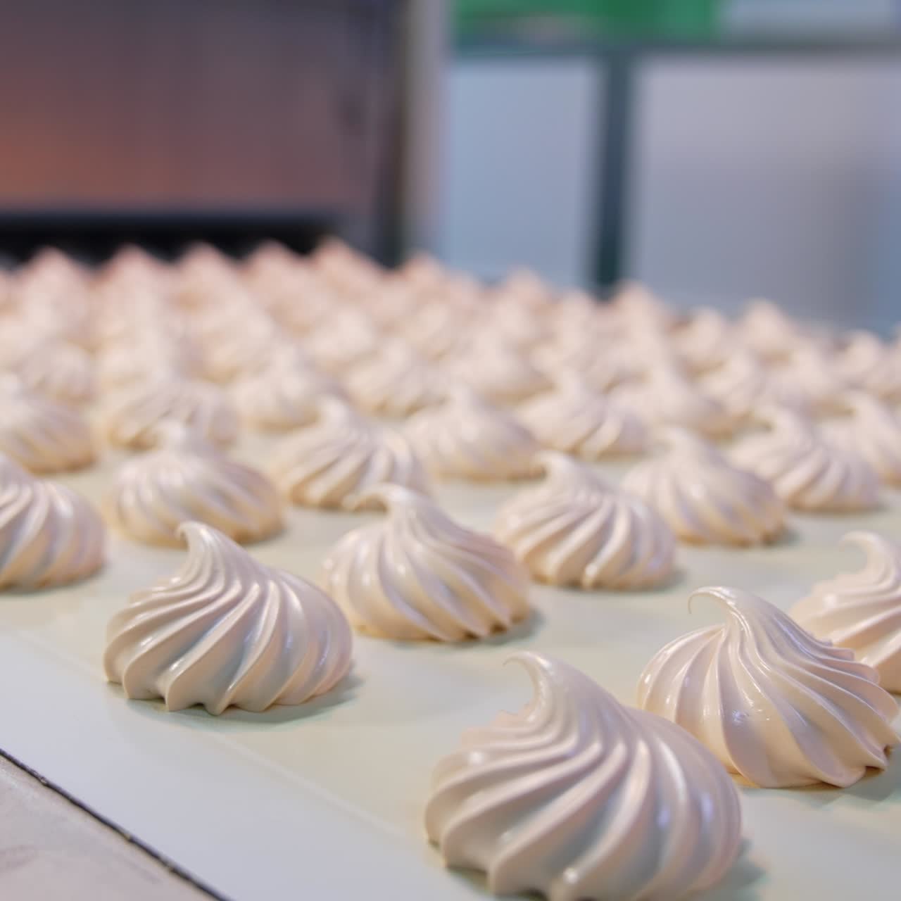 Finished marshmallow zephyr moves along a conveyor line. Ready-made sweets at the confectionery factory production. Close up