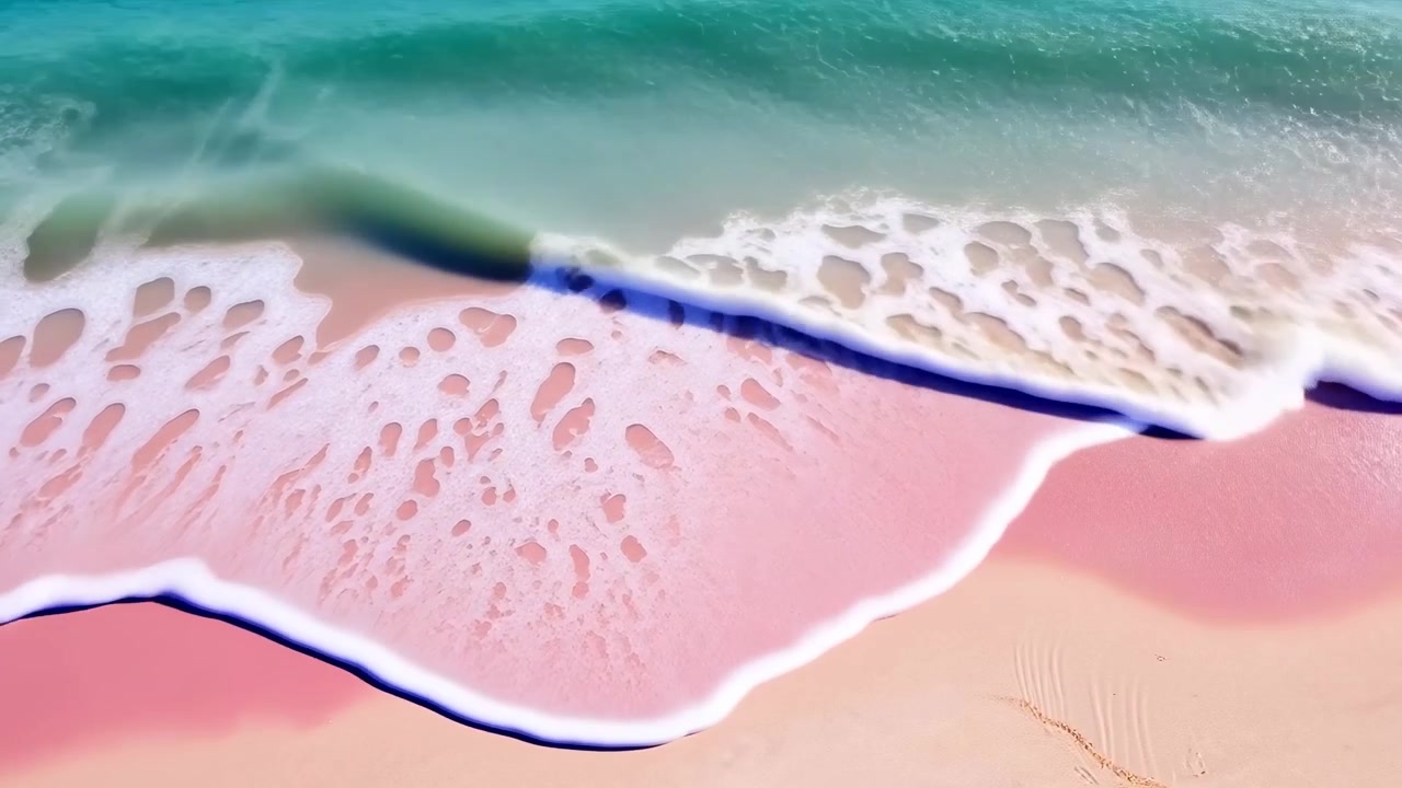 Aerial View of Gentle Waves Rolling onto a Pink Sand Beach