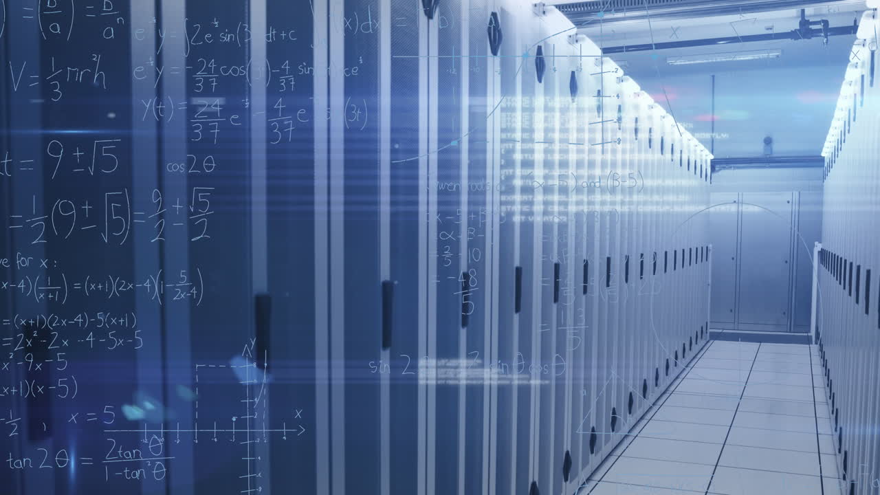 animación de ecuaciones matemáticas con símbolos y códigos en la sala del servidor