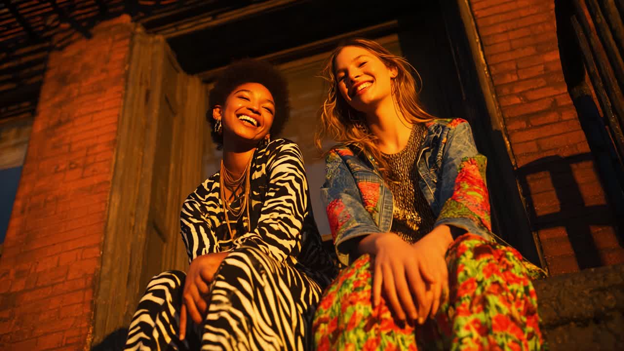 Two Friends Enjoying a Joyful Moment Together on a Sunny Evening, Dressed in Colorful Outfits, Exuding Happiness and Friendship While Sitting on a Rustic Steps with Beautiful Lighting and Expressions