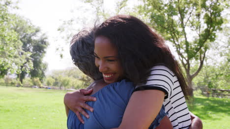 slow motion shot of senior mother with adult daughter hugging in park