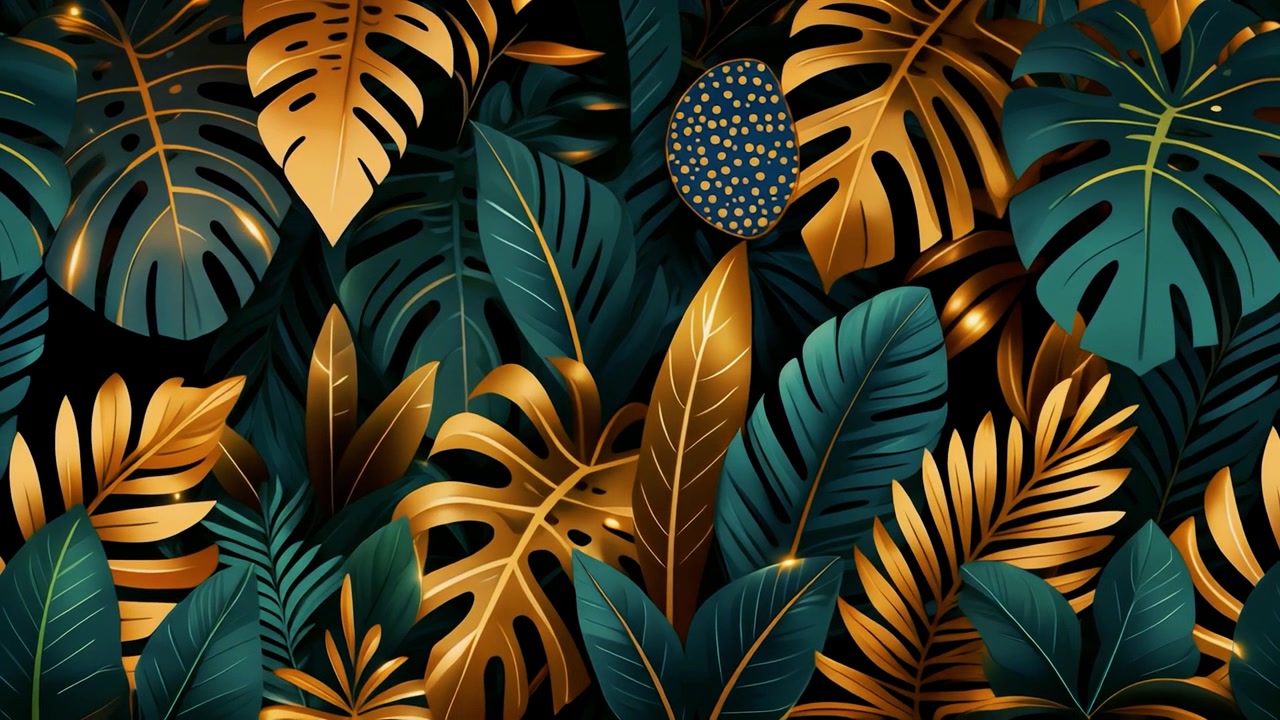 Abstract Tropical Pattern with Golden and Teal Monstera Leaves