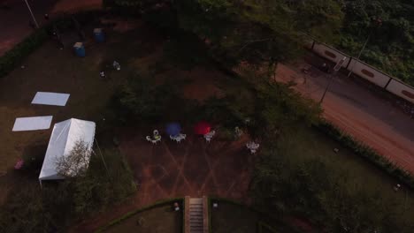 aerial view of a spiral tower monument in a park