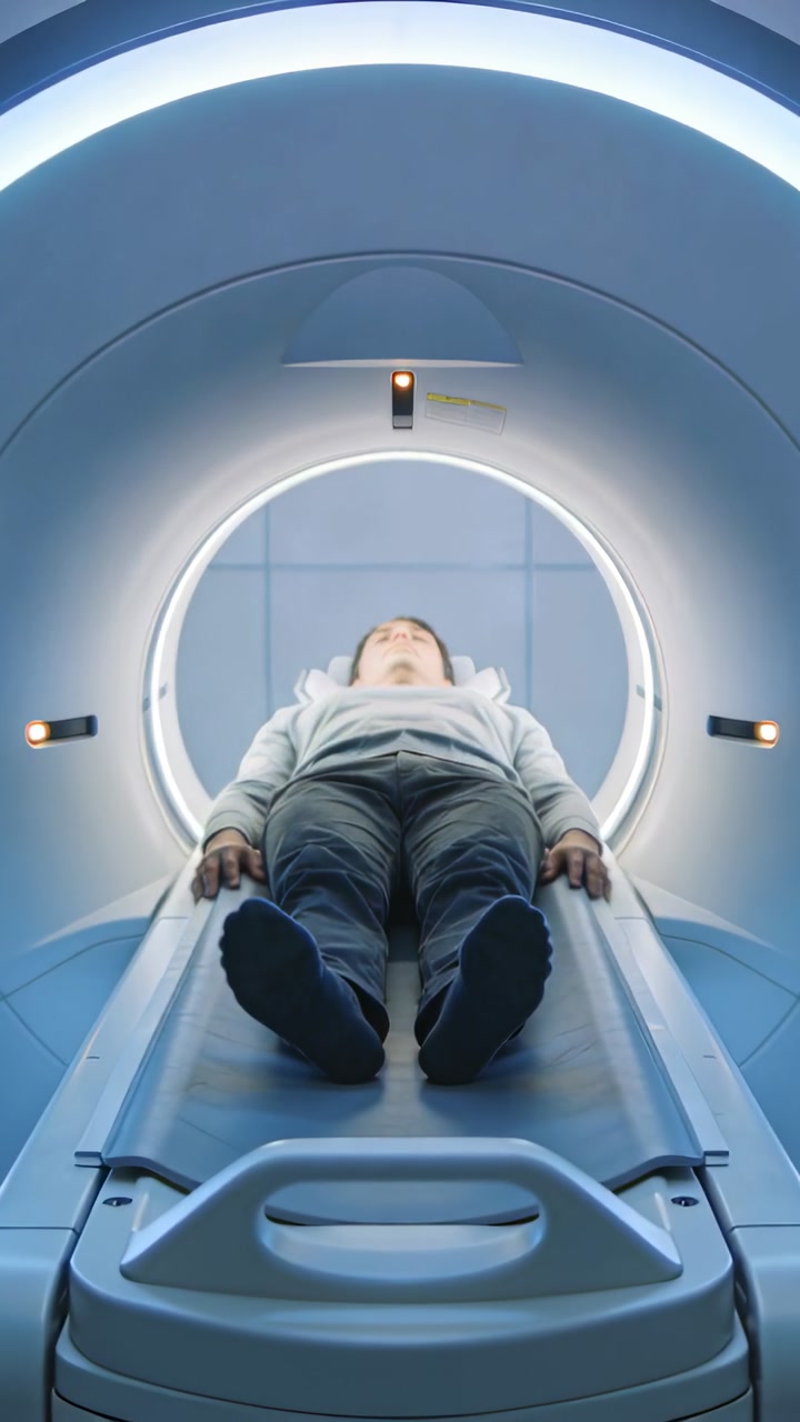 Vertical video: Patient lying supine on scanner table, console starting slide into lit bore for MRI