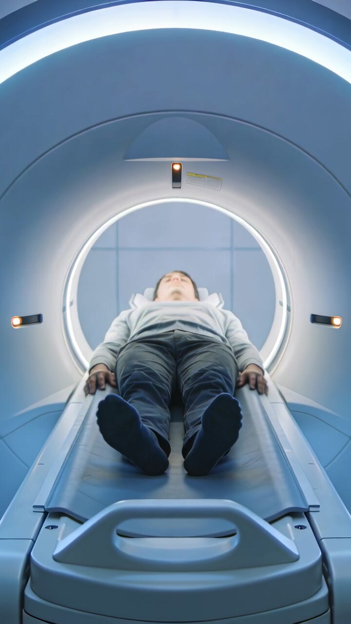 Vertical video: Patient lying supine on scanner table, console starting slide into lit bore for MRI