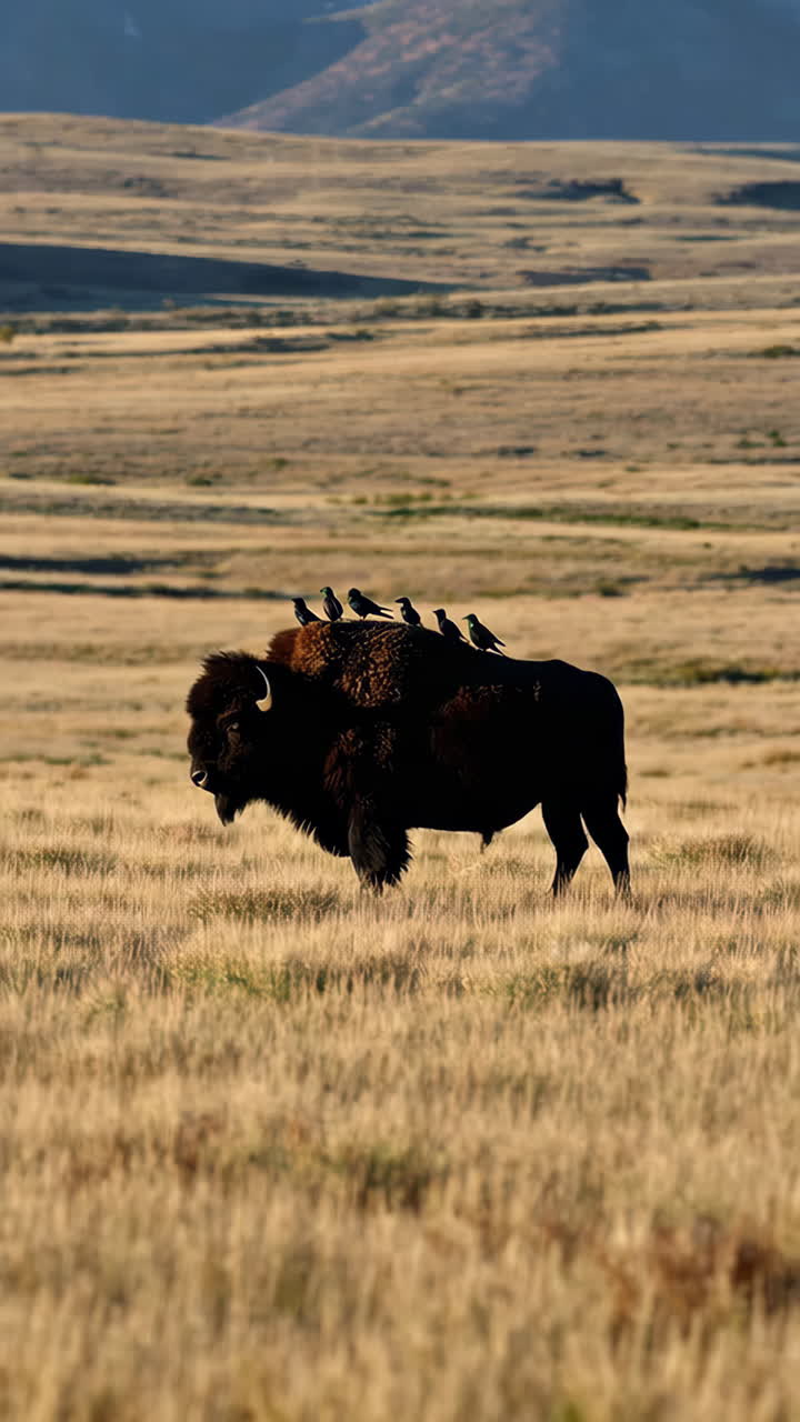 Bison with Birds on its Back in a Golden Prairie