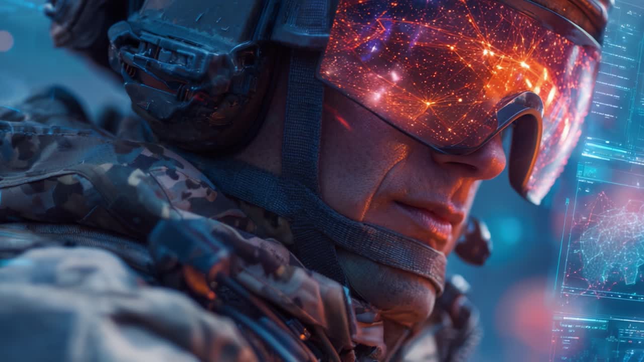 Primer plano de un soldado futurista equipado con equipo tecnológico avanzado, con un casco de alta tecnología y una visera que refleja información digital y análisis de datos.