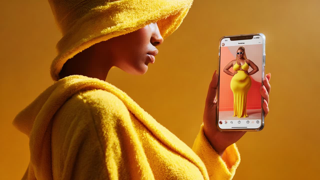 A woman dressed in a bright yellow outfit wearing a matching hoodie poses confidently while holding a smartphone, showcasing a striking photo of herself in a vibrant yellow dress against a golden backdrop