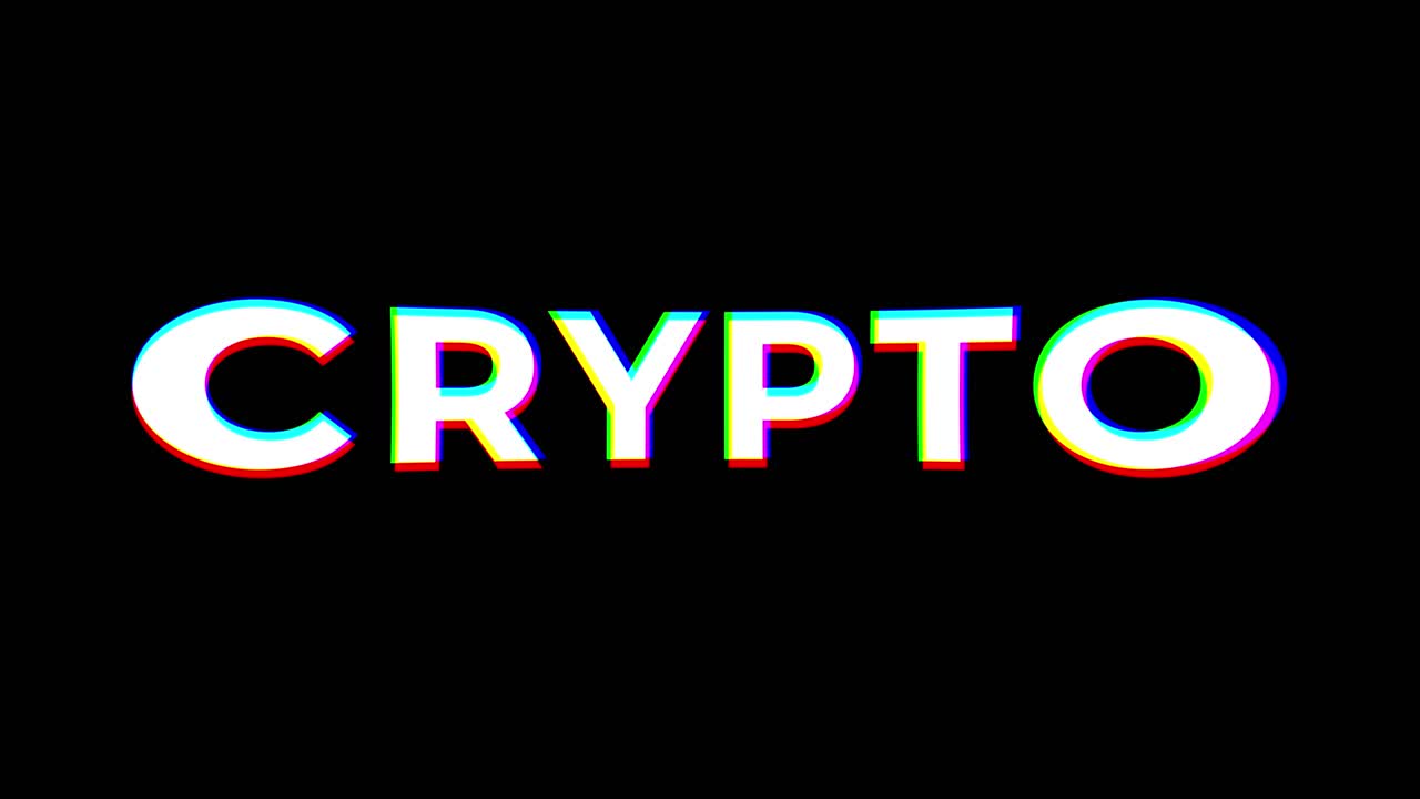 Glitch crypto sign typography on black background with alpha channel, digital distortion effect for tech motion design