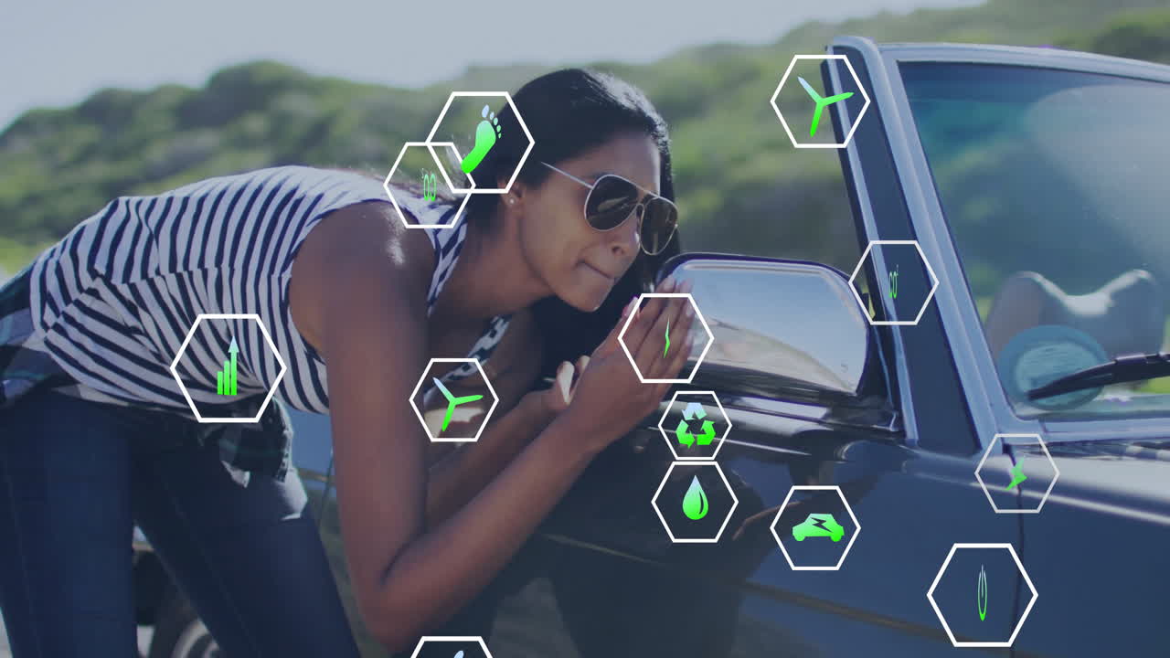 Woman polishing convertible mirror outdoors, displaying hexagonal sustainability icons tracking CO?