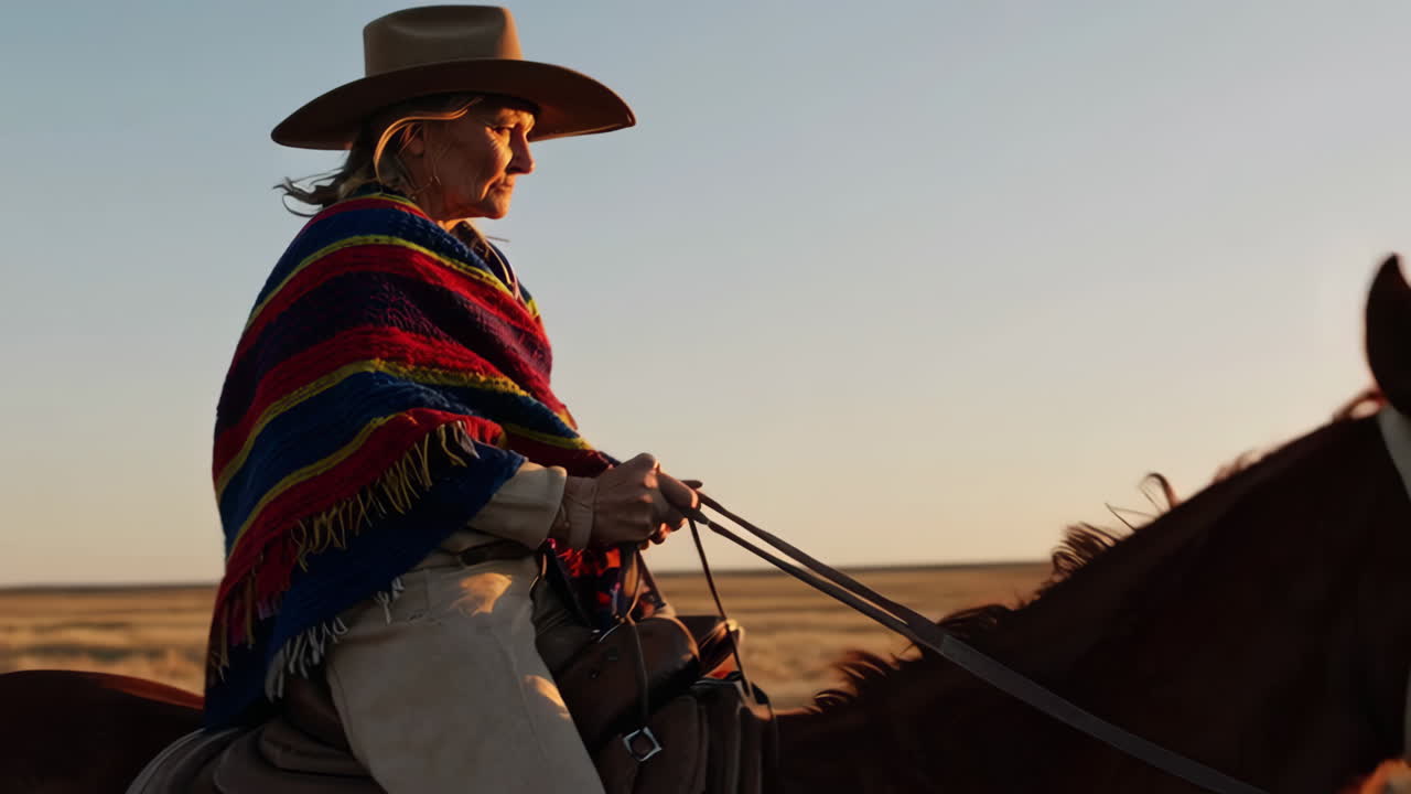 A woman in a cowboy hat riding a horse at sunset