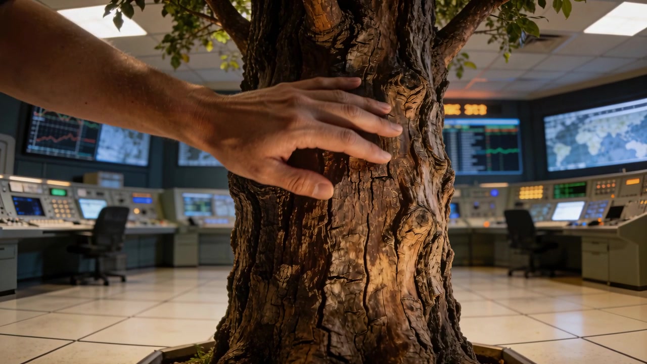 Entering left forearm in short sleeve dark shirt feeling tree trunk in control room, checking bark