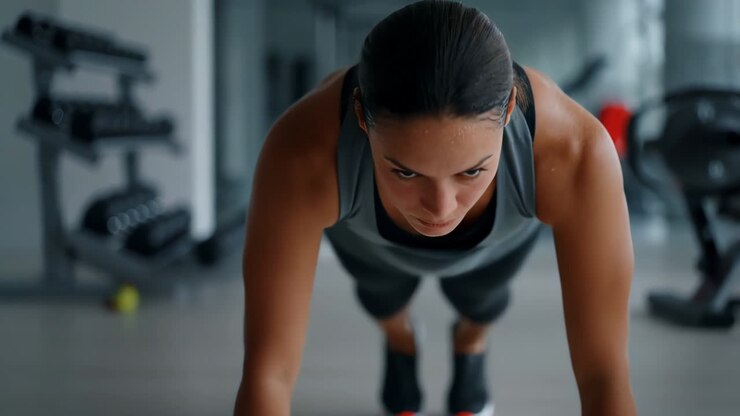 Determined woman performing a plank or push-up in a gym
