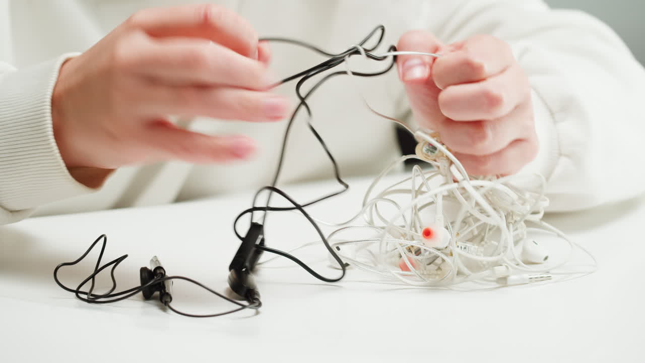 Young woman trying to untangle the headphones close-up. Tangled wires on table. Trying to untangle many messy cables