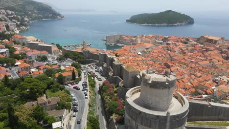 dubrovnik, croatia- aerial view of an old town,old castle and blue sea visible below on a sunny day