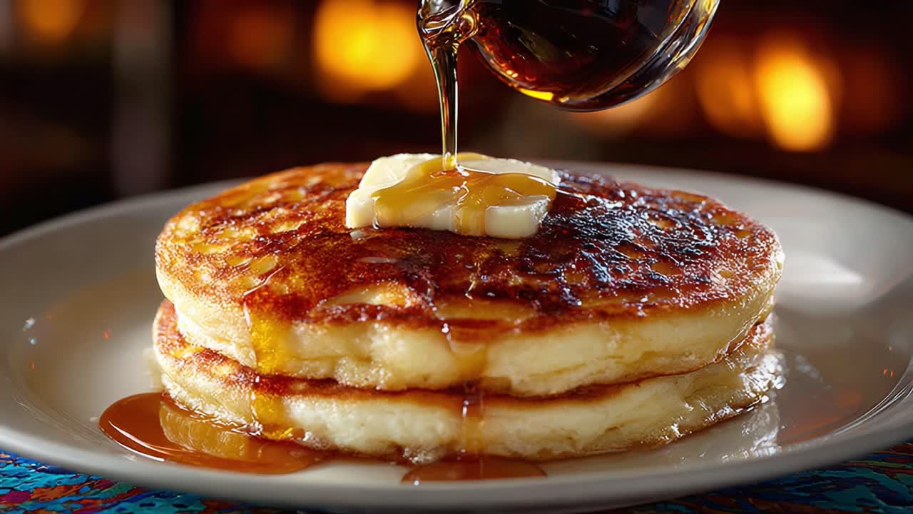 Delicious Pancakes with Melting Butter and Drizzling Syrup Captured in Two Stunning Frames for a Perfect Breakfast Treat