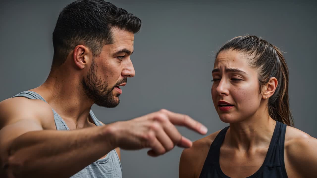 Istruttore maschio che indica e allena una partecipante donna in studio, lei con canotta grigia e top sportivo nero.