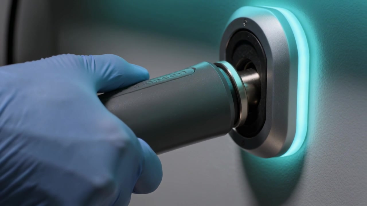 Entering from left, gloved hand inserting connector into panel port to secure connection, teal ring