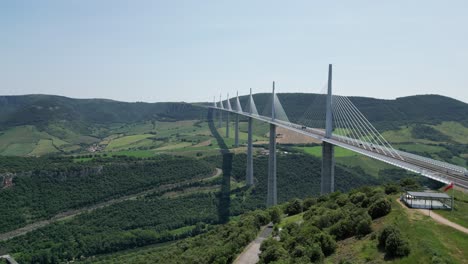 The-Millau-Viaduct,-cable-stayed-bridge-France-low-panning-drone,aerial