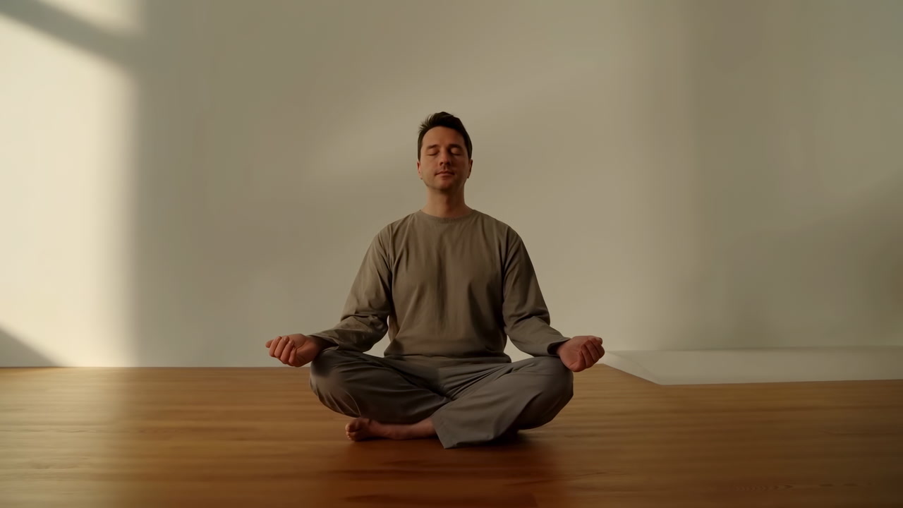Caucasian Man Meditating On Wooden Floor In Sunlit Studio, Lotus Pose With Eyes Closed, Grey Loungewear, Soft