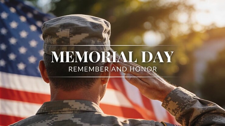 Saluting soldier camo uniform patrol cap at memorial for MEMORIAL DAY as breeze rippling US flag