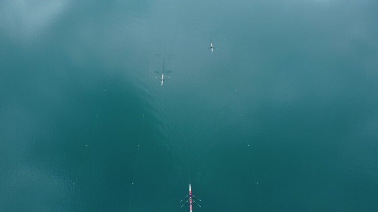 AERIAL Top-Down Shot of Kayakers Racing in a Lake