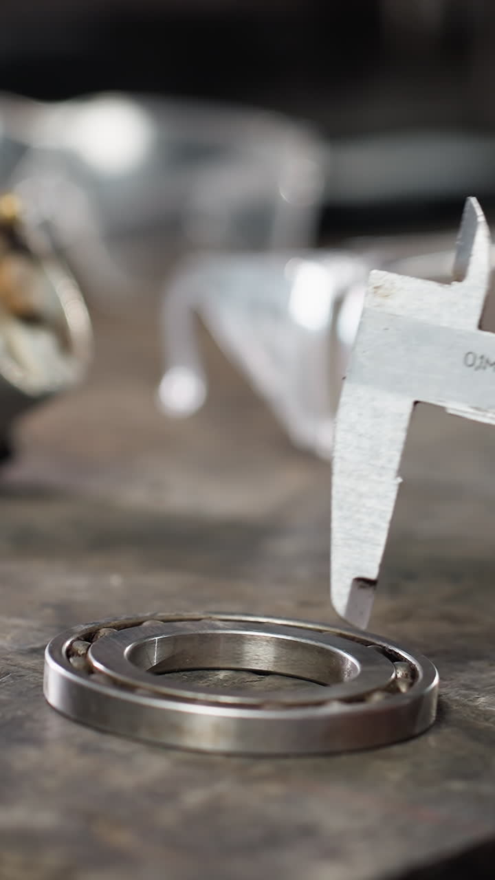 крупный план студента, использующего калибр вернье для измерения диаметра бориса на рабочем столе при слабом освещении, записи данных на планшете, защитных очках и механических компонентах, разбросанных по рабочему пространству