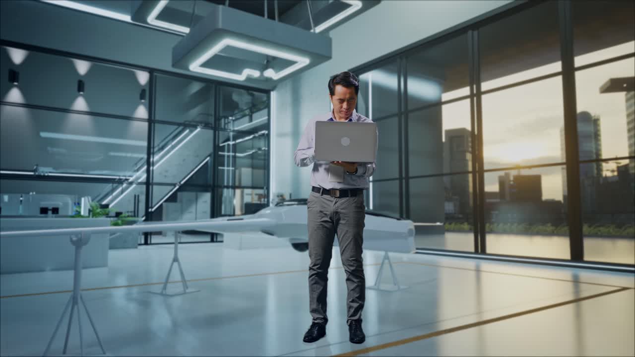 cuerpo lleno de un trabajador profesional masculino asiático de pie con su portátil con proyecto de drones, instalación industrial de alta tecnología, está asintiendo con la cabeza con decepción