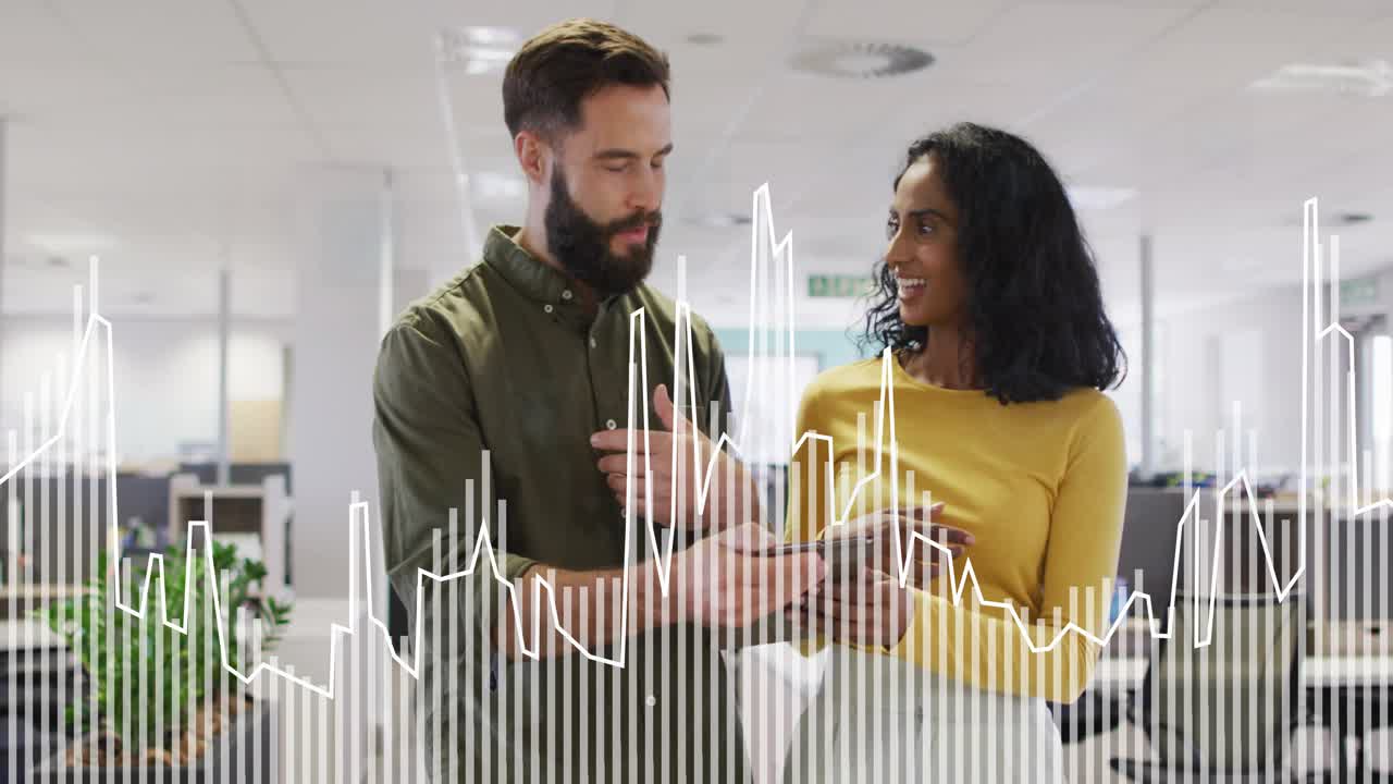 Office colleagues tapping smartphone driving clear audio waveform animation for business review