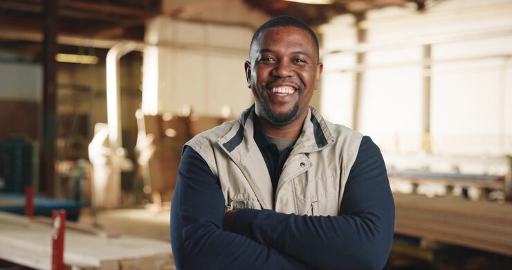 Smiling African American Carpenter Standing in Woodworking Workshop