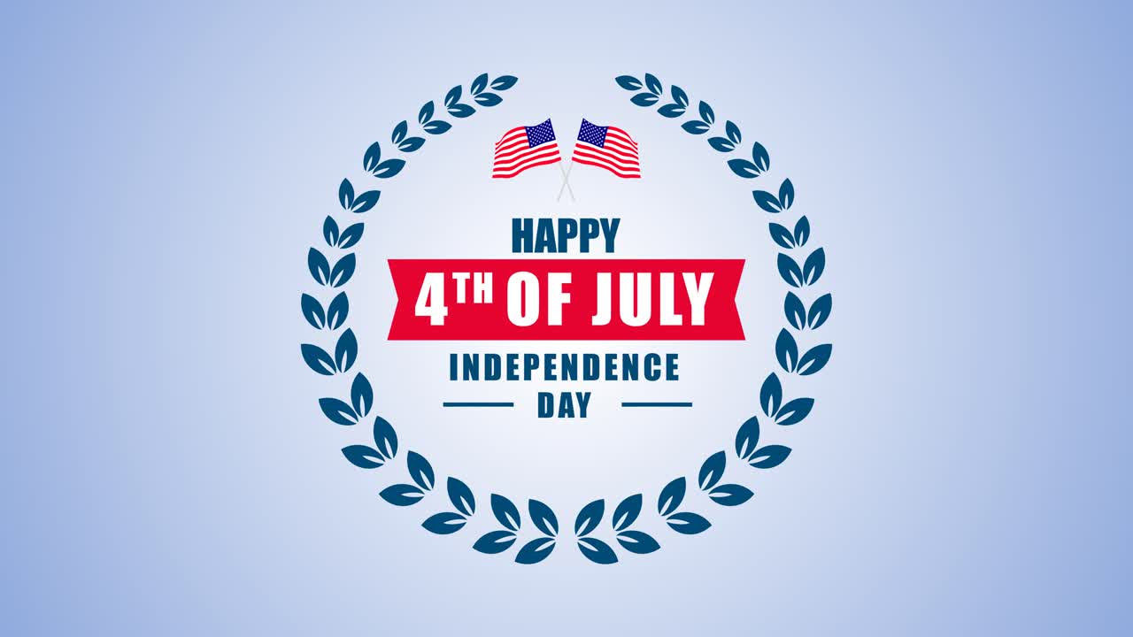 7월 4일 기념 애니메이션으로 미국 국기와 파란색 배경에 잎 화환이 있는 화면 중앙에 독립 기념일 인사말이 표시됩니다.