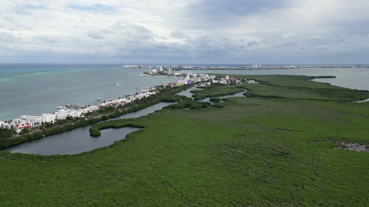Overcast cloud over Nichupte mangrove swamp lagoon in Cancun, Mexico