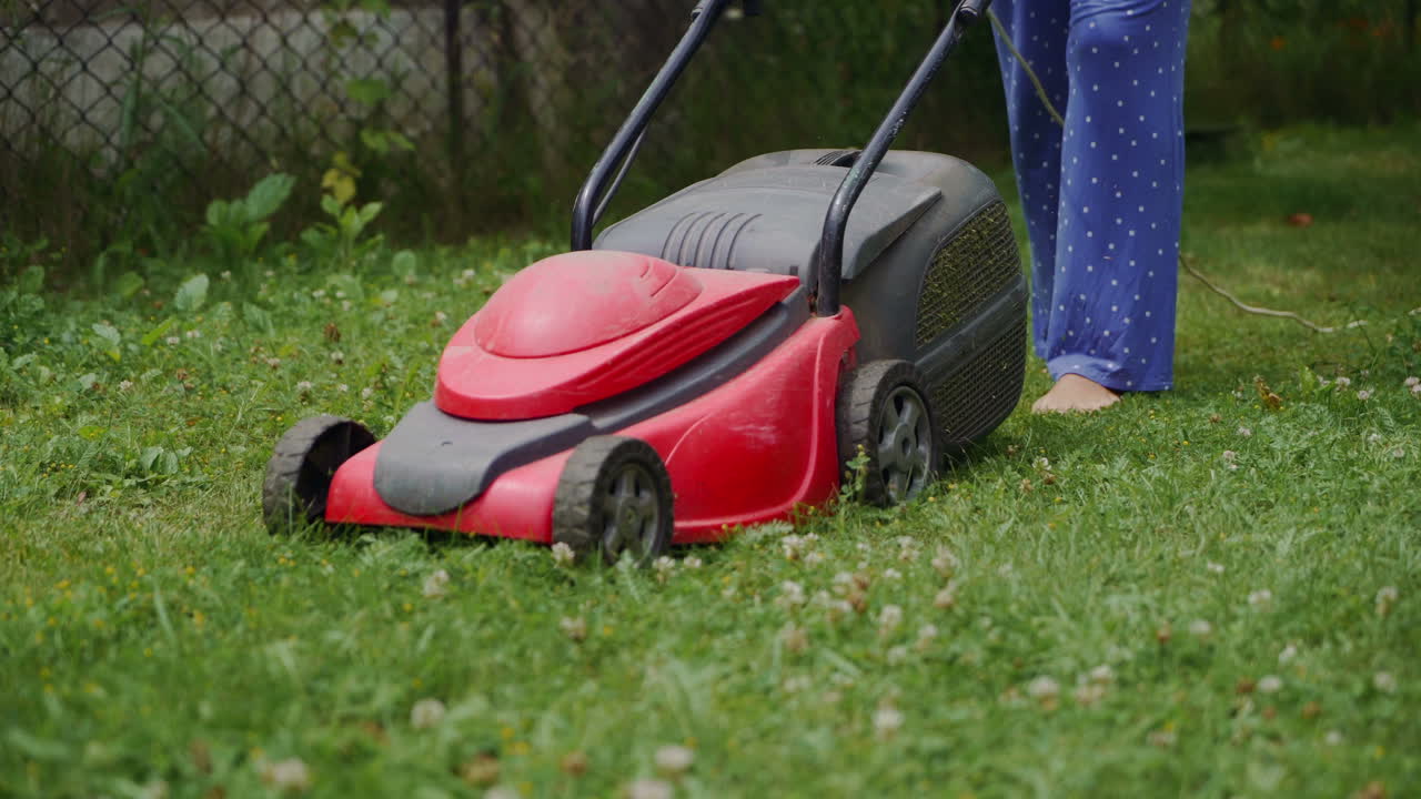 Electric lawn mower cuts the grass. Woman mowing lawn