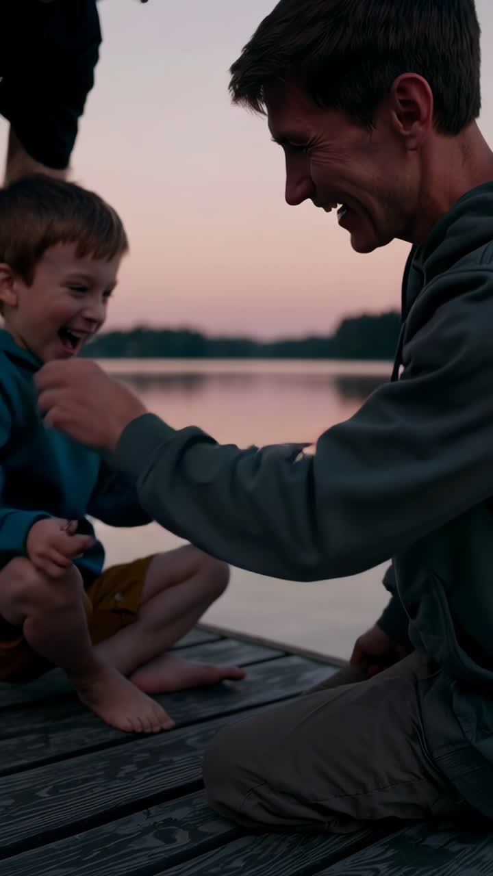 Family Fun on a Lakeside Pier at Sunset