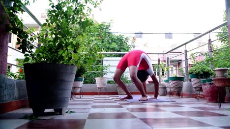 Die-Vorderansicht-Eines-Jungen-Mädchens,-Das-In-Ihrem-Terrassengarten-Regenbogen-Yoga-Praktiziert,-Zeigt,-Dass-Sie-Das-Gewicht-Ihres-Gesamten-Körpers-Auf-Ihren-Armen-Tragen-Kann