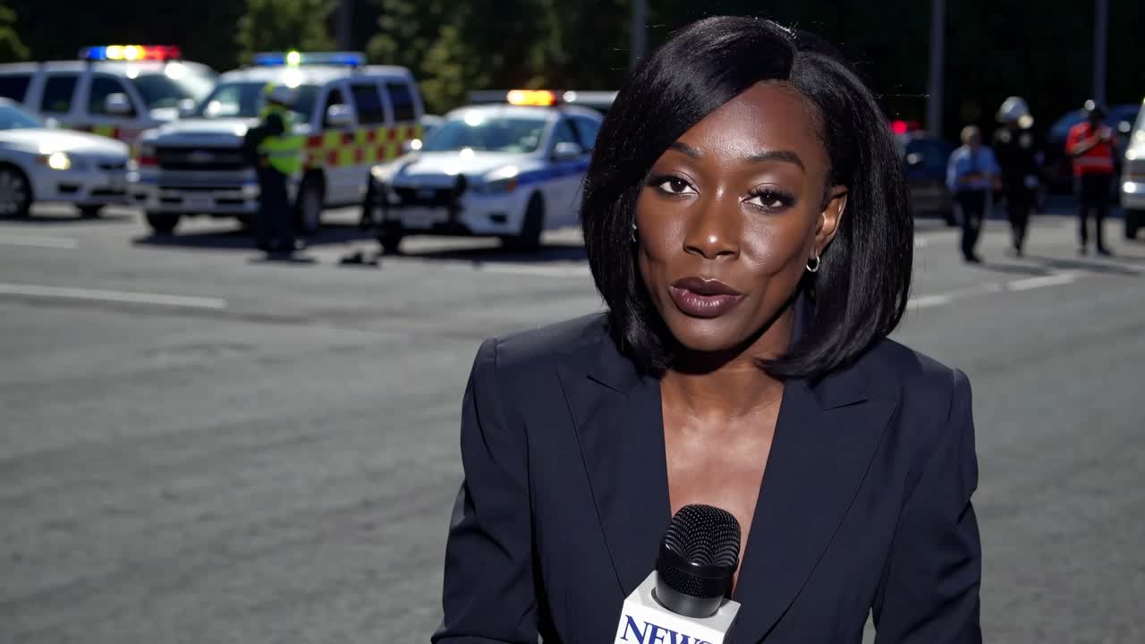A news reporter in a suit holds a microphone in a parking lot with emergency vehicles