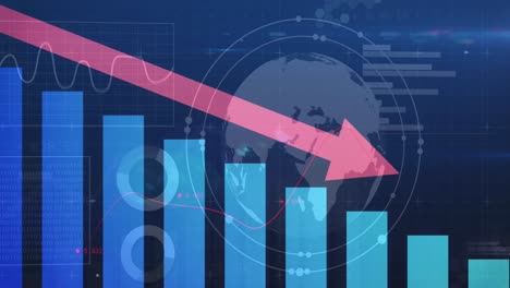 Animation-Von-Statistiken-Und-Datenverarbeitung-Und-Globus-über-Gitter-Und-Dunklem-Hintergrund