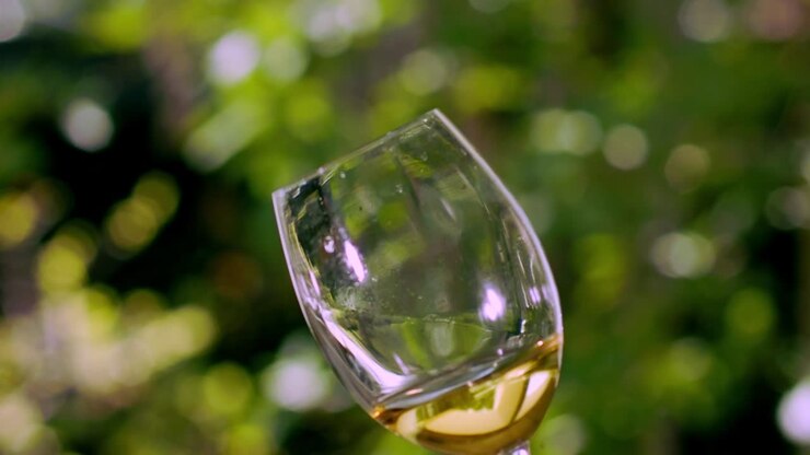 Vino bianco in un bicchiere di cristallo con un giardino verde sullo sfondo