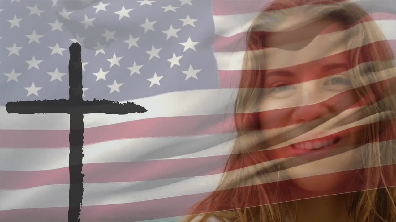 animación de cruz y mujer caucásica sobre la bandera de ee.uu.