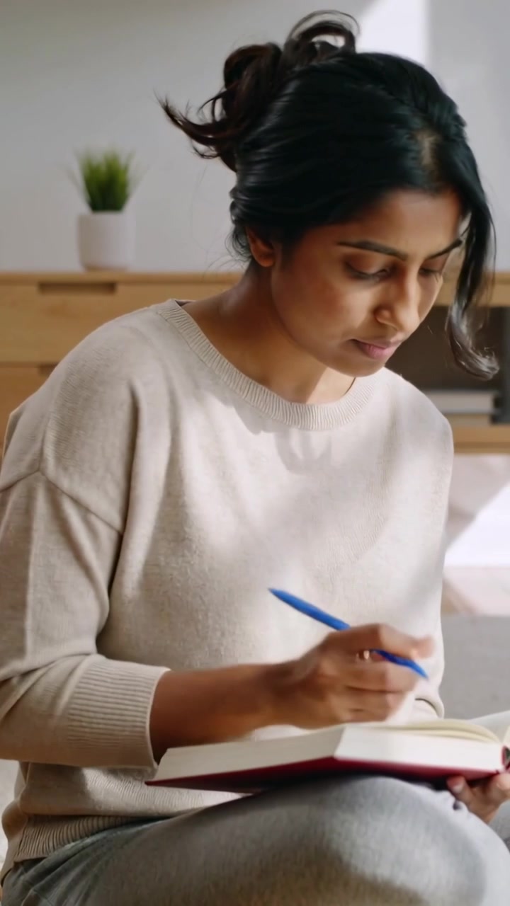 Video verticale: Donna che scrive con un maglione beige, appoggiando una penna blu su un quaderno rosso mentre scrive un diario a casa.