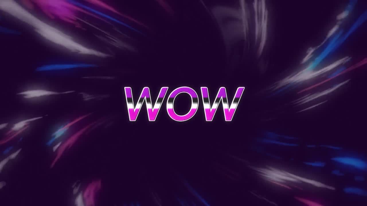 Animazione del testo "wow" su luci geometriche colorate in movimento su sfondo scuro