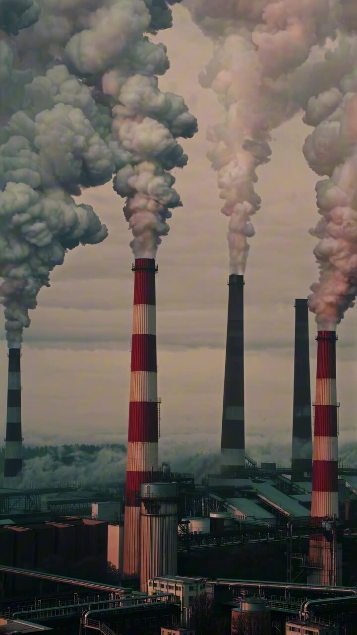 Ciminiere industriali che emettono fumo denso nell'atmosfera