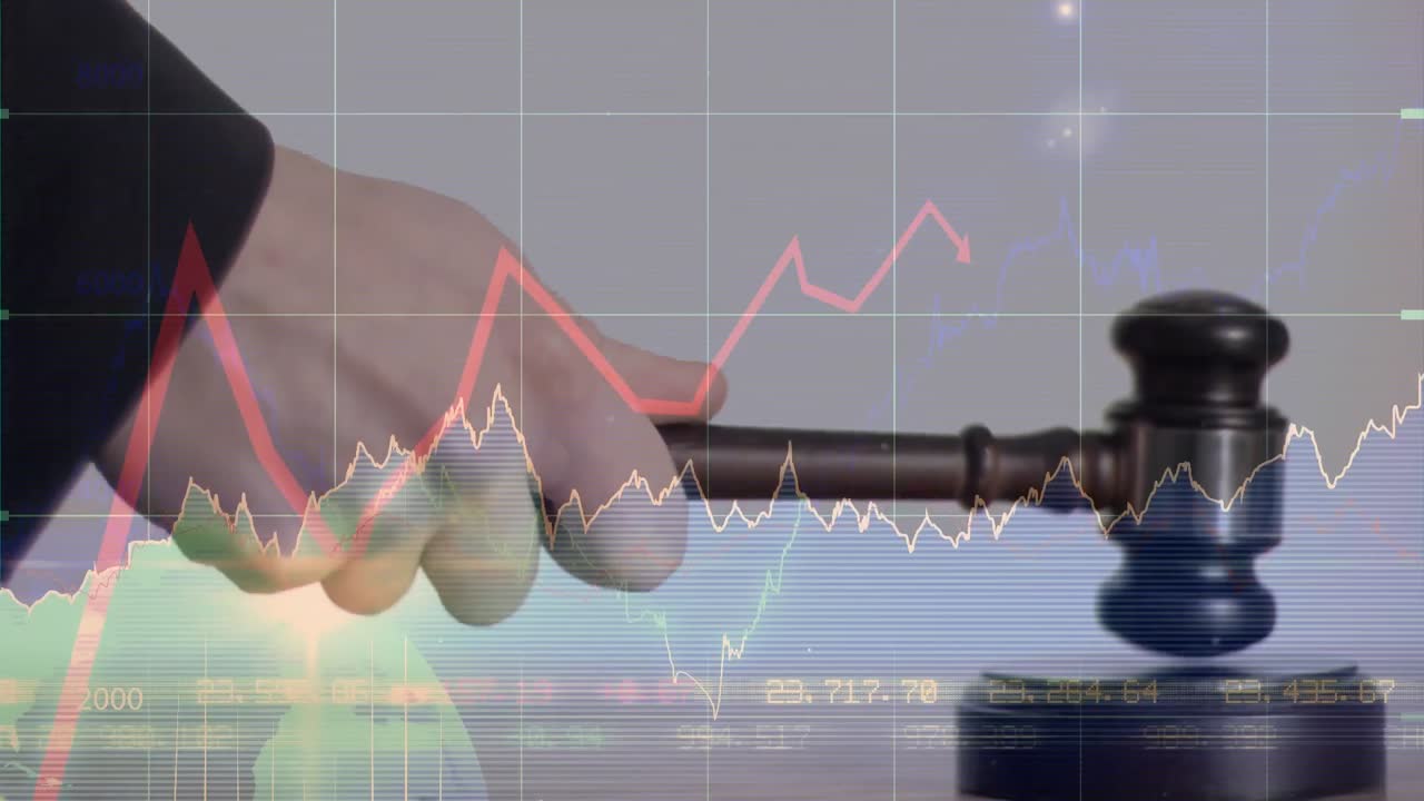 Animation of statistics and financial data processing over auctioneer's hammer