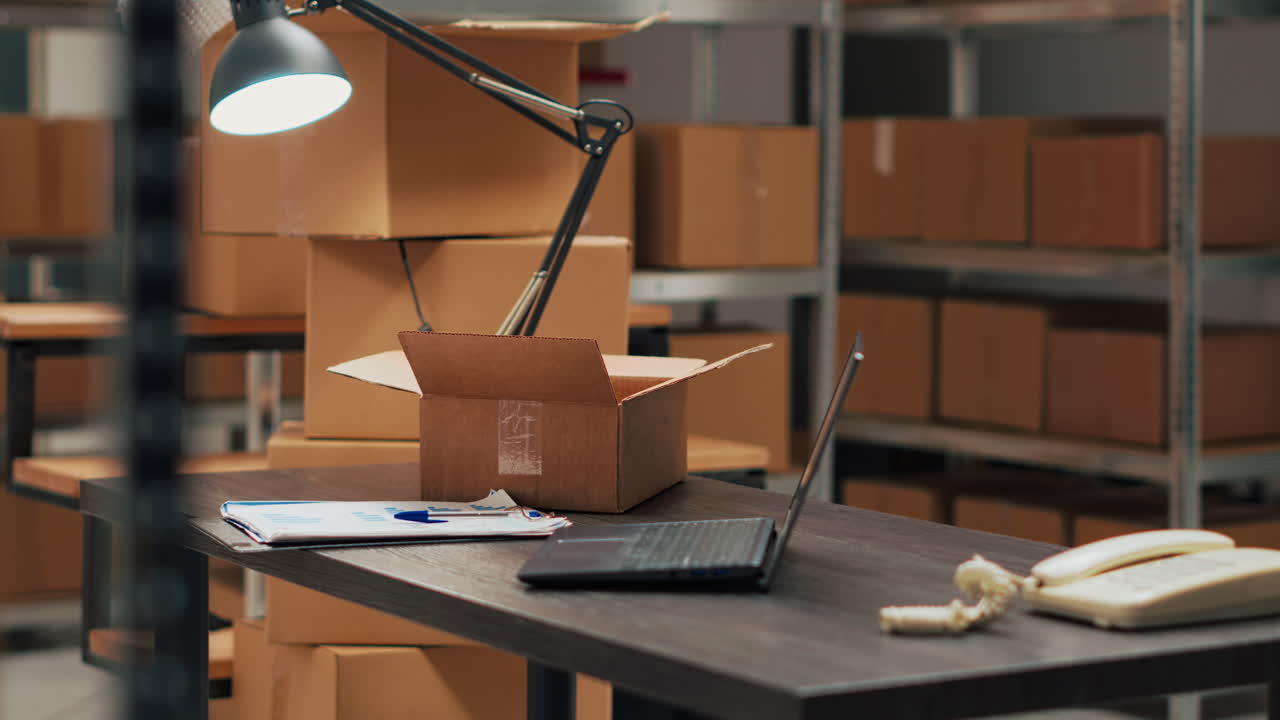 Office with boxes and laptop