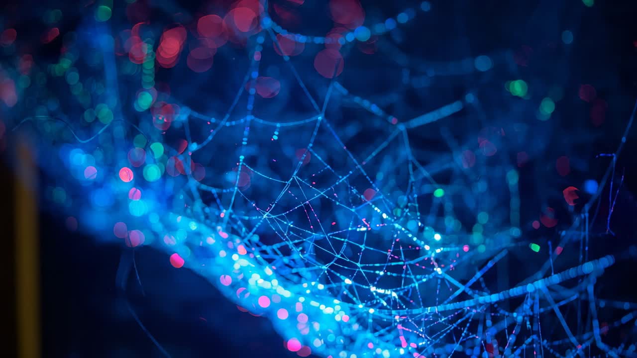 Camera focusing dew-soaked spider web revealing glistening droplets in cool dawn with colored bokeh